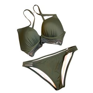 Shade and Shore 2PC Swimsuit Green Lined Bikini Size Large